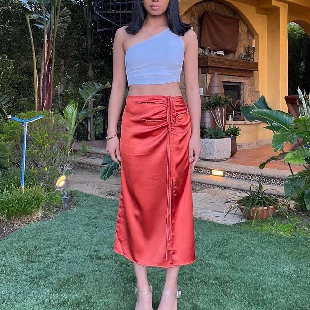 Orange Satin MIDI Skirt with slit 🧡